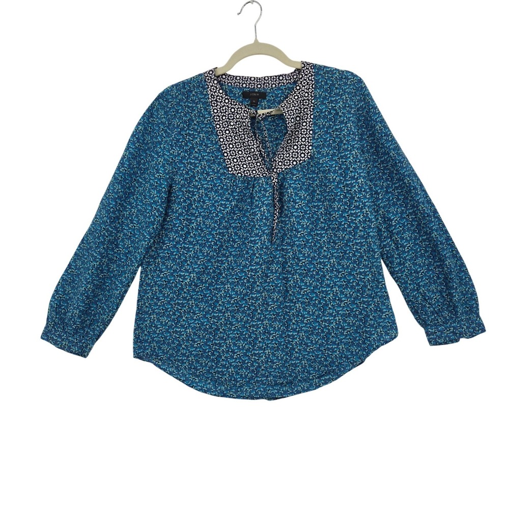 J.Crew Blue Floral Cotton Silk Bib Blouse Top Womens 10 Bohemian Lightweight